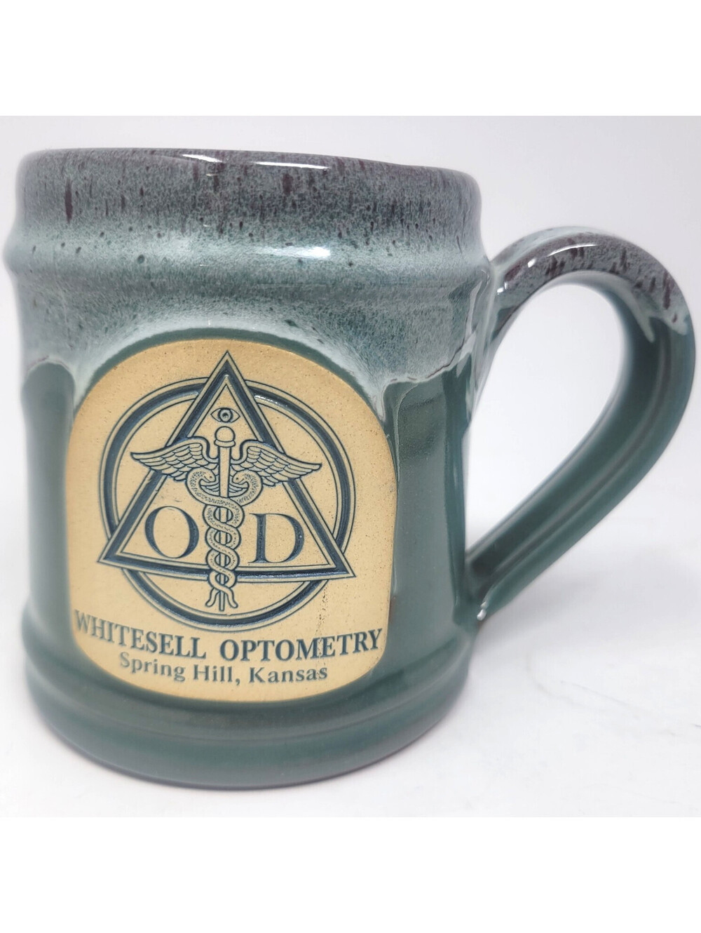 Deneen Pottery 2008 Handthrown Mug Whitesell Optometry Spring Hill KS OD Logo